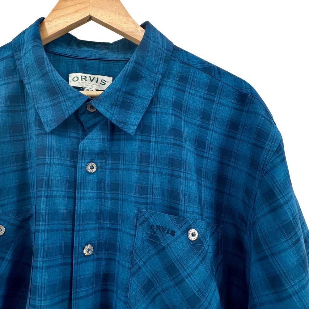 Orvis Mens XXL Blue Plaid Short Sleeve Button Down Shirt Double‎ Pocket 1494392